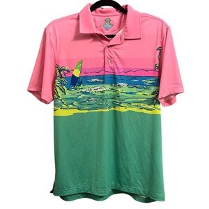 Chubbies The Vacation Day Men's Performance Polo Pink & Green Beach Print Large